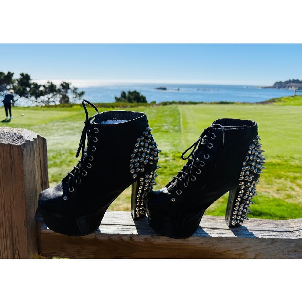 Spike Black Leather Silver Metal Spike Stud Platform Laceup Shoe Boots Sz 6.5 - Picture 4 of 16